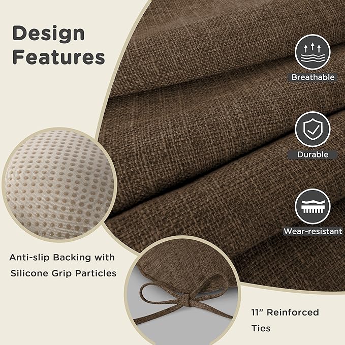 AddGrace Chair Cushions for Dining Chairs Set of 2 Kitchen Seat Cushions with Ties and Non Slip Backing Tufted Indoor Seat Pad for Kitchen Dining Room 18" x 17" x 3" Coffee