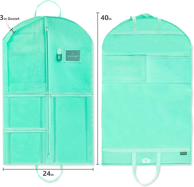 Waterproof Hanging Garment Bag 40 inch Clothes Bag with Gusset, 5 Pockets & Side Zip for Dance Costumes, Sports, Skating, Theatre, Beauty Pageants & More by Kendall Country, Sea Foam Green