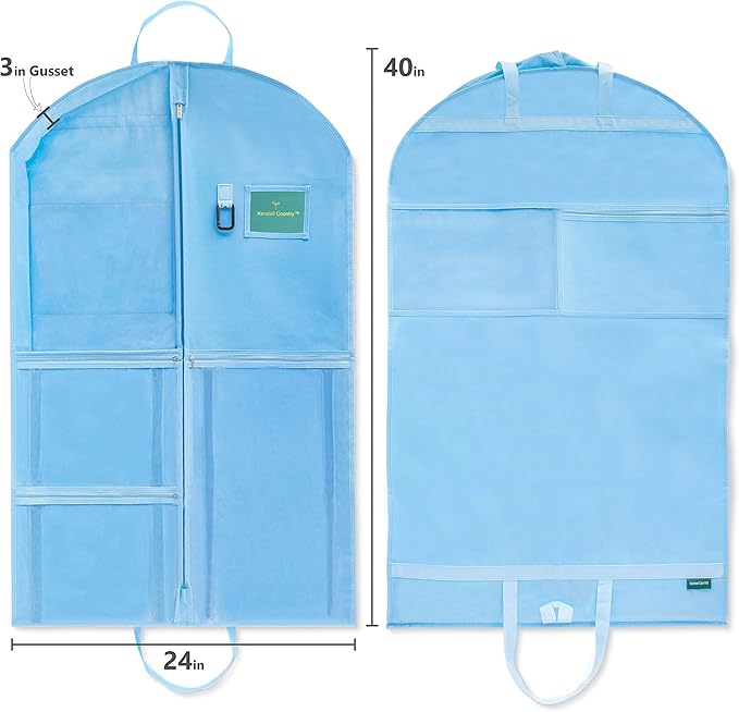 Waterproof Hanging Garment Bag 40 inch Clothes Bag with Gusset, 5 Pockets & Side Zip for Dance Costumes, Sports, Skating, Theatre, Beauty Pageants & More by Kendall Country, Sky Blue