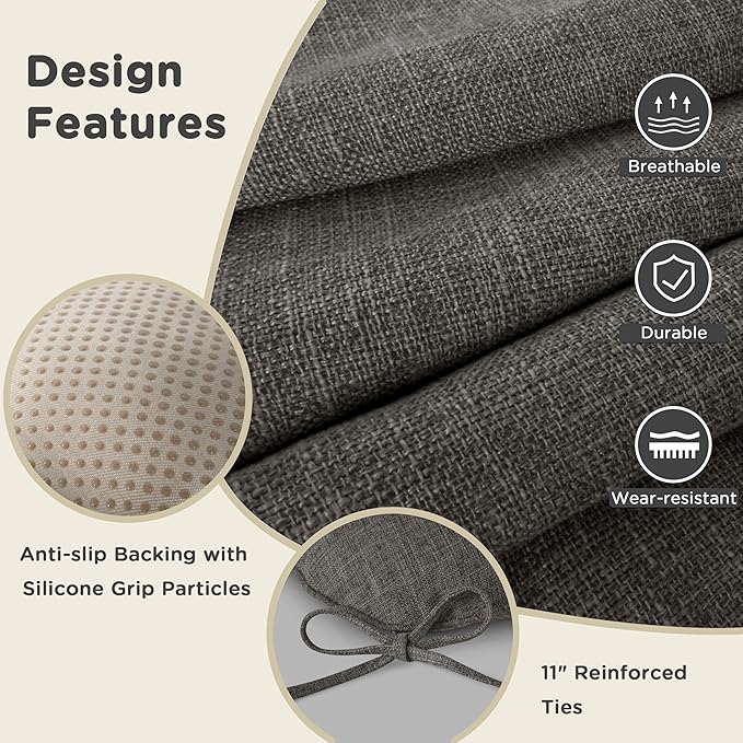 AddGrace Chair Cushions for Dining Chairs Set of 4 Kitchen Seat Cushions with Ties and Non Slip Backing Tufted Indoor Seat Pad for Kitchen Dining Room 18" x 17" x 3" Dark Grey