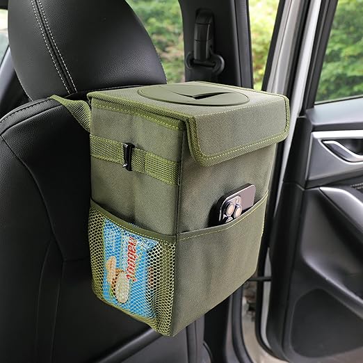 AOKJOY Car Garbage can with lid Leak Proof Vehicle Trash Can 3 Storage Pockets Hanging Waterproof car Trash Bag for SUV Green