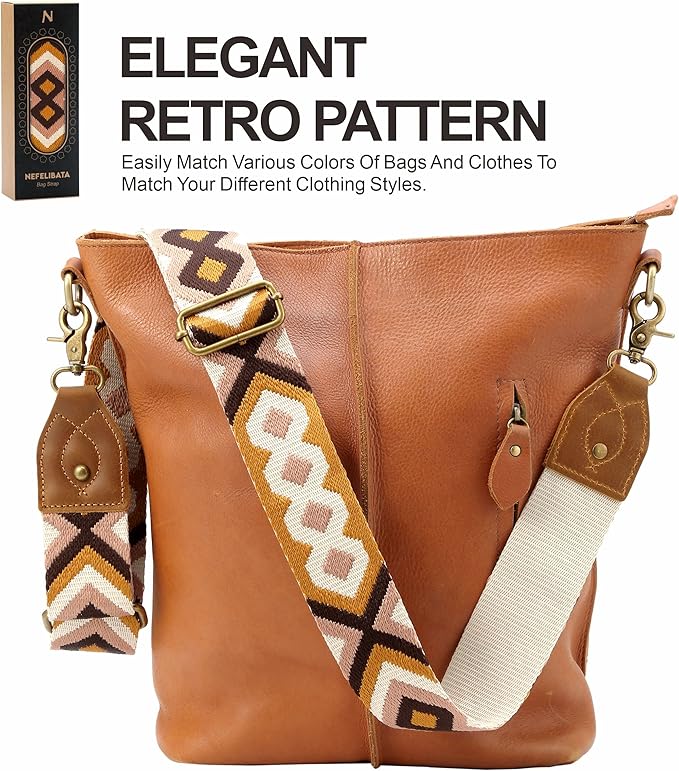 Nefelibata Purse Strap-2"Crazy Horse Leather Bag Strap Adjustable Replacement,Retro Jacquard Embroidery Crossbody Straps