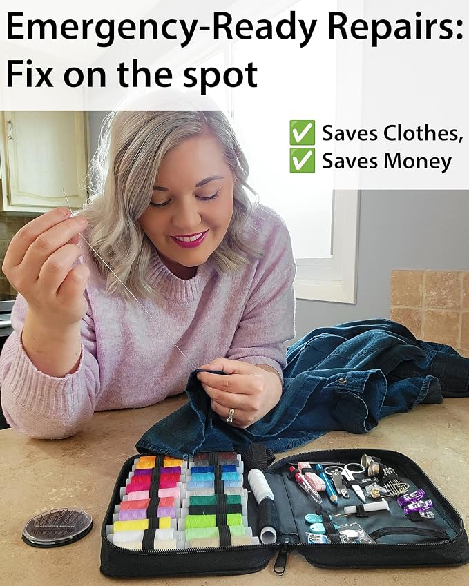Vellostar Sewing Kit for Adults & Beginners โ Portable Needle & Thread Travel Kit w/ 24 Thread Colors, Needles, Scissors & Sewing Supplies for Emergency Clothing Repairs, Buttons, & Home Mending
