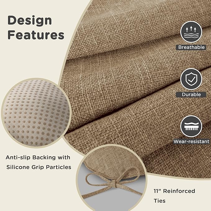 AddGrace Chair Cushions for Dining Chairs Set of 2 Kitchen Seat Cushions with Ties and Non Slip Backing Tufted Indoor Seat Pad for Kitchen Dining Room 18" x 17" x 3" Light Brown