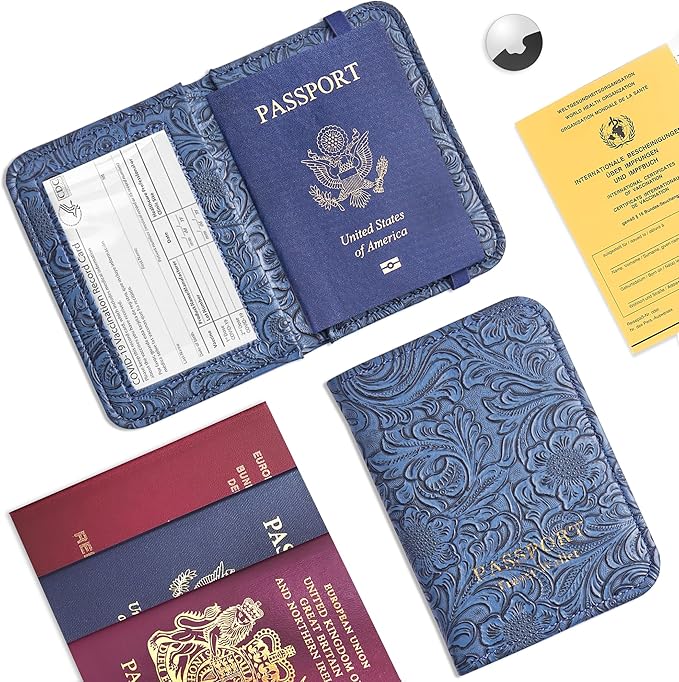 lizimandu Passport Holder with Airtag Slot, Airtag Passport Wallet for Men Women, Slim Leather Passport Holder Case Family for Travel Anti-Lost(1-Carved Blue2)