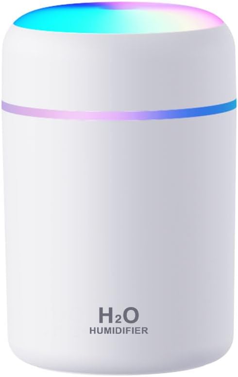 Portable Mini Humidifier, 300ml with Colorful LED Night Light, USB Personal Desktop Humidifier for Car Office Home Travel, Auto Shut-Off, 2 Mist Modes, Super Quiet