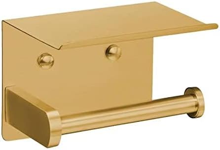VAEHOLD Self Adhesive Toilet Paper Holder with Phone Shelf Stainless Steel Wall Mounted Toilet Paper Roll Holder - Rustproof and Bathroom Washroom Tissue Roll Holder with Storage Shelf - Gold