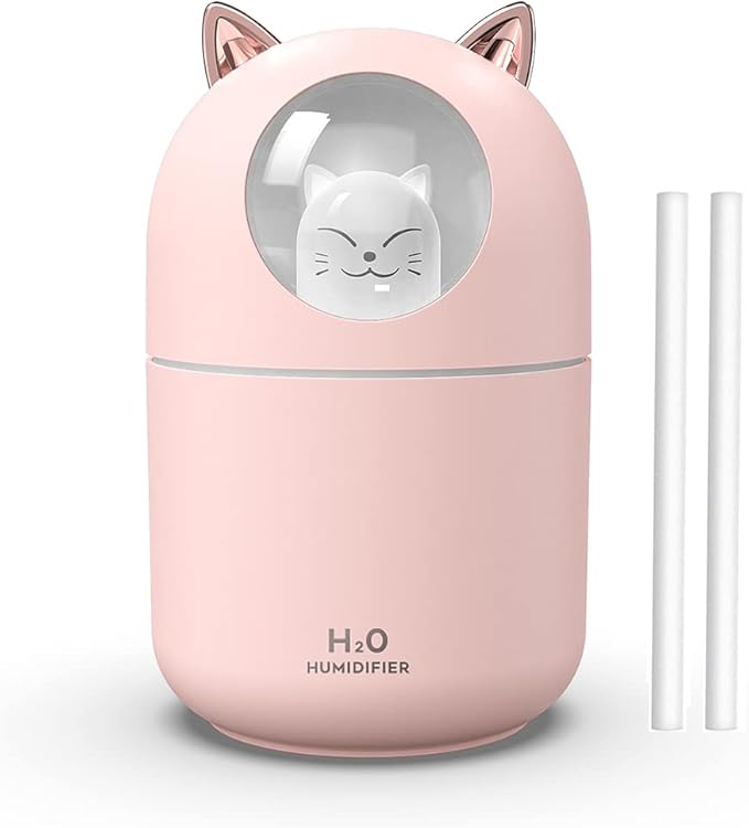 Portable 300ml Mini Cool Mist Humidifier With Night Light, USB Auto Shut-Off, Ultra-Quiet, 2 Spray Modes for Home Office Travel (Pink)