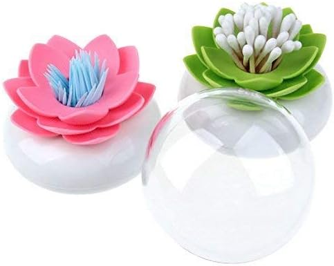 2-Pack Lotus Flowers Cotton Swab Holder, Small Q-Tips Toothpicks Storage Organizer,Bathroom Vanity Canister(Green+Pink)