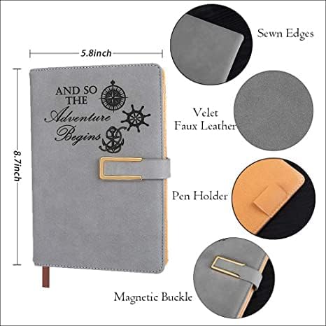 Fanery Sue Refillable Adventure Writing Journal For Men & Women Faux Leather Hardcover Notebook A5 College Ruled 200 Lined Pages Lay-Flat Personal Diary With Pen & Magnetic Buckle （Adventure - Grey