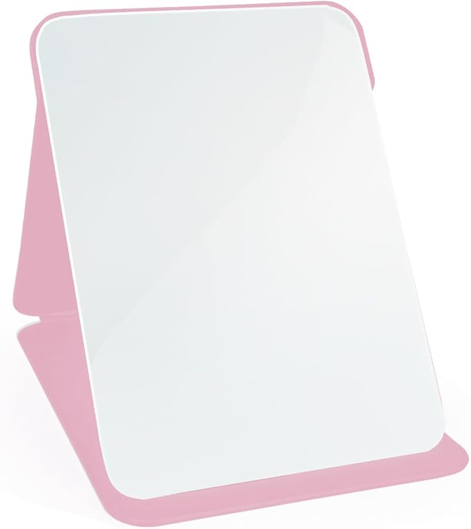 Makeup Mirror, 7x10 Inches Portable PU Leather Mirror, Folding Desktop Vanity Mirror with Adjustable Stand for Vanity Table, Office, Travel (L, Pink)
