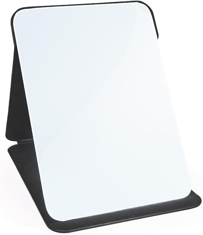 Makeup Mirror, 6x8 Inches Portable PU Leather Mirror, Folding Desktop Vanity Mirror with Adjustable Stand for Vanity Table, Office, Travel (M, Black)