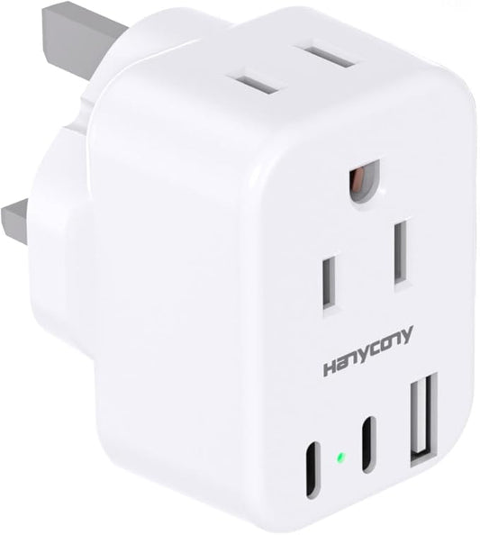 HANYCONY US to UK Ireland Travel Plug Adapter, Type G Travel Adapter 2 Outlets 3 USB Ports(2USB C), UK Power Adapter Converter for USA to Dubai England London Scotland British Kenya Irish Hongkong