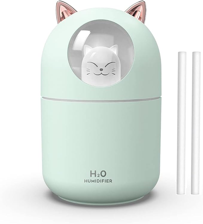 Portable 300ml Mini Cool Mist Humidifier With Night Light, USB Auto Shut-Off, Ultra-Quiet, 2 Spray Modes for Home Office Travel (Green)