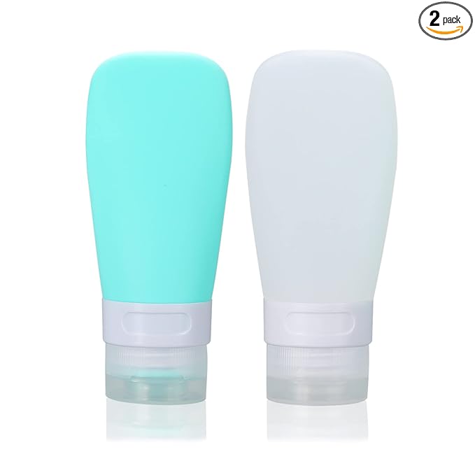 2 Pcs Silicone Travel Bottles,2oz Leak Proof Refillable Squeeze Containers with Transparent Carry Bag,Small Empty Travel Size Bottles for Shampoo,Conditioner,Lotion,Toiletries
