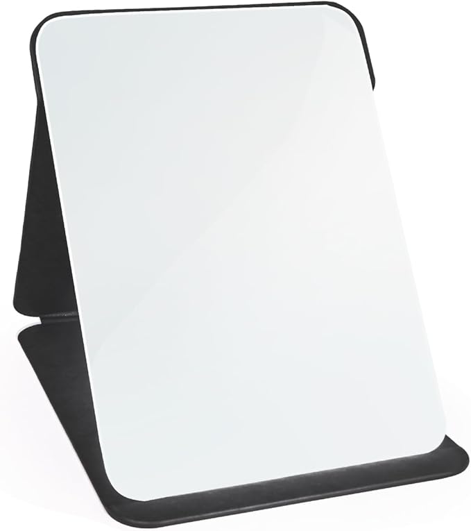 Makeup Mirror, 7x10 Inches Portable PU Leather Mirror, Folding Desktop Vanity Mirror with Adjustable Stand for Vanity Table, Office, Travel (L, Black)