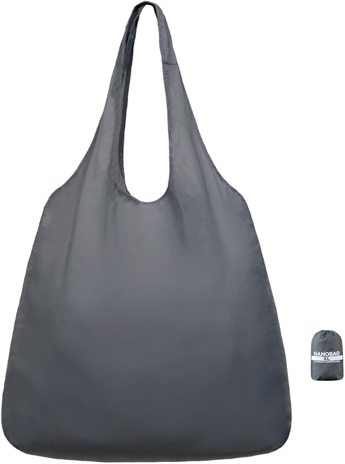 Nanobag Ultralight Heavy Duty Foldable Tote for Women & Men, Reusable Grocery & Travel Bag, Packable Collapsible Compact Market Essential (XL Gray)