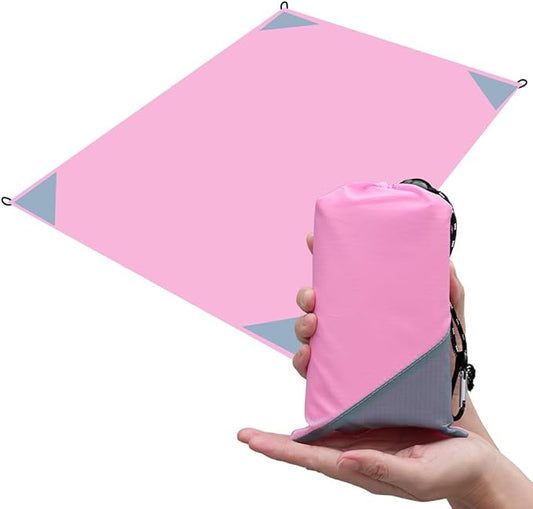 Orga'Neat Pocket Picnic Blanket, Beach Mat Waterproof Sandproof, Compact Lightweight Small Tarp for Camping, Hiking, Backpacking, Festival, Travel, Foldable in Bags (Pink/Grey, 55"x79")