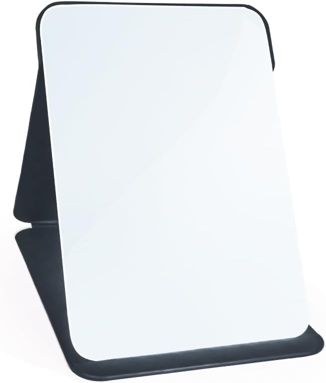 Makeup Mirror, 4x6 Inches Portable PU Leather Mirror, Folding Desktop Vanity Mirror with Adjustable Stand for Vanity Table, Office, Travel (S, Black)