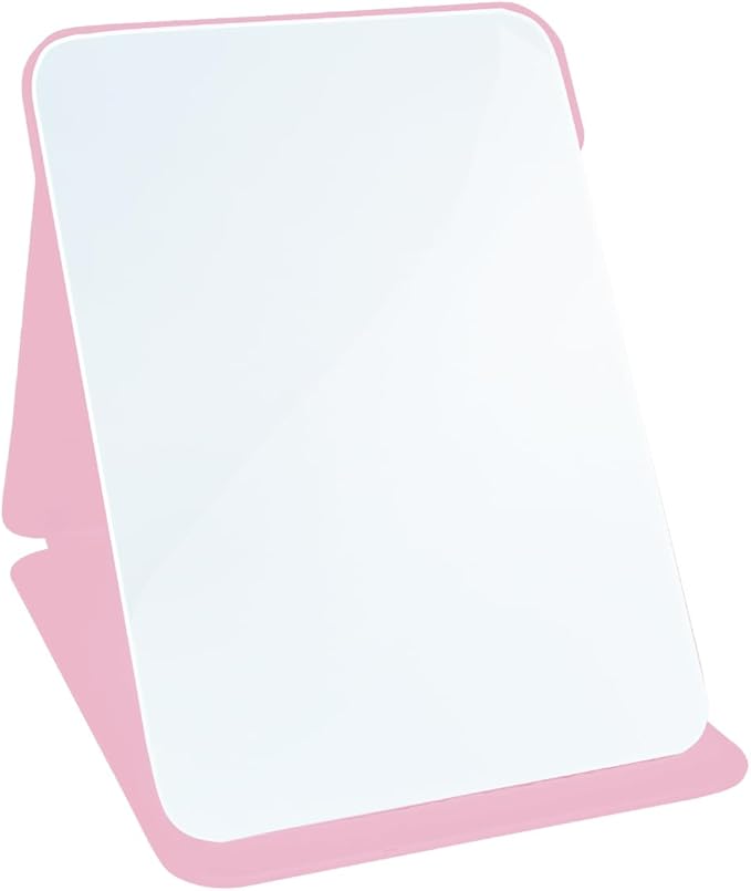 Makeup Mirror, 6x8 Inches Portable PU Leather Mirror, Folding Desktop Vanity Mirror with Adjustable Stand for Vanity Table, Office, Travel (M, Pink)