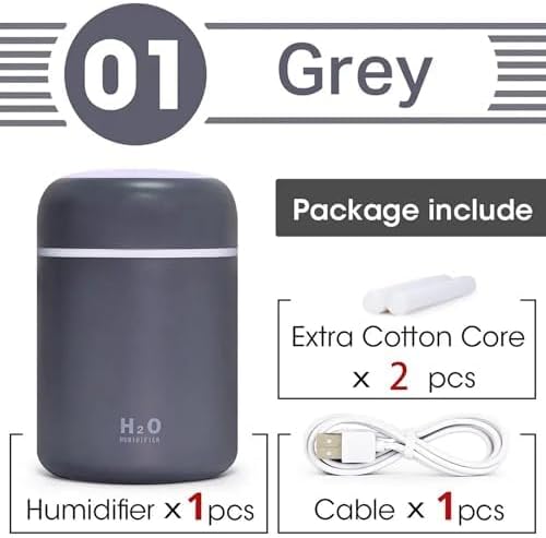 Portable Mini Humidifier, Colorful, Cool Mist, USB Powered. Perfect for Bedroom, Office & Car (300ml, Gray)