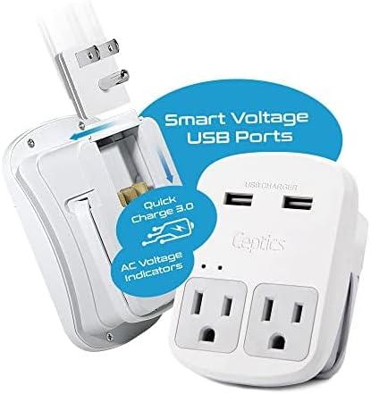 Ceptics Universal Travel Adapter, Dual USB (QC 3.0) + 2 US outlets + USB-C Cable, Use with Chargers, Cell Phones, Laptops, 6 Plug attachments for Worldwide use (Does Not Convert Voltage) (WPS-2B)