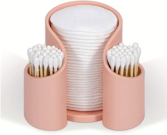 Makeup Cotton Pad & Swab Organizer – Disposable Cup Storage Box – Compact Beauty Supplies Holder for Vanity, Bathroom or Dresser (Pink)