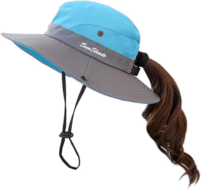 Women's Outdoor UV-Protection-Foldable Sun-Hats Mesh Wide-Brim Beach Fishing Hat with Ponytail-Hole