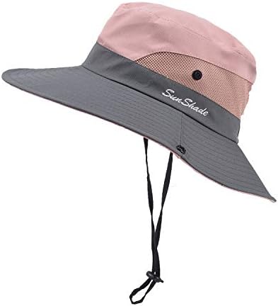 Womens Summer Sun-Hat Outdoor UV Protection Fishing Hat Wide Brim Foldable-Beach-Bucket-Hat with Ponytail-Hole