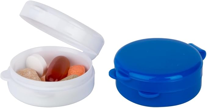 EZY DOSE Daily Round Pocket Pharmacy, Portable On-The-Go, Pill Box, Organizer and Vitamin Containers, Snap Shut Lids, Perfect For Traveling, Colors May Vary, 2 Pack, BPA Free