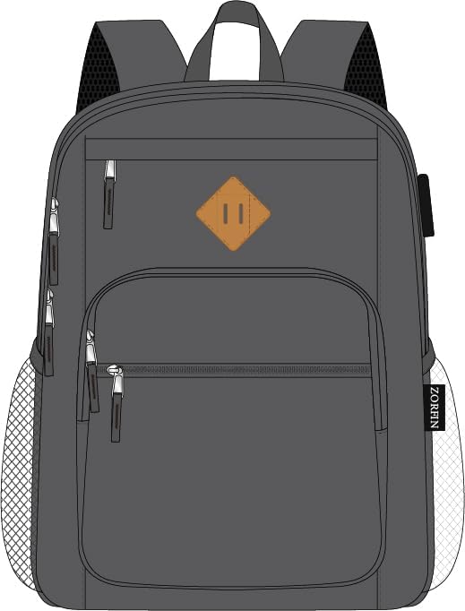ZORFIN 36L Backpack for College, and Travel: Water Resistant Bookbag with 8 Compartments - Grey