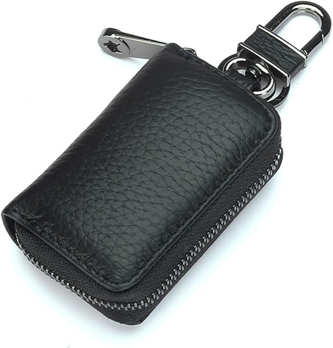 Leather Car Key Case with Zipper, Compact Smart Key Fob Holder with Keychain, Portable Car Key Organizer Pouch