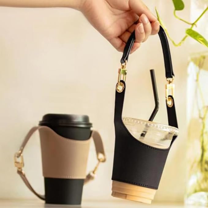 Coffee Cup Holder Tea Cup Protective Sleeve, Water Bottle Holder PU Leather Pouch, Outdoor Camping Shopping Travel cup Sling (White)