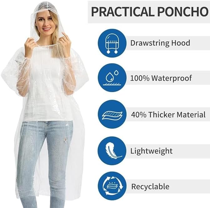 Opret 5/10/20 Pack Rain Ponchos, Disposable Emergency Ponchos Bulk Unisex Waterproof Raincoat for Adults with Drawstring Hood