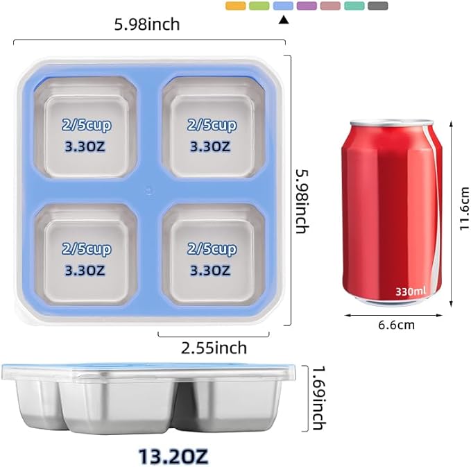 BEFOY 4 Pack Stainless Steel Snack Containers with Lids 4 Compartment Food Storage Containers for Adults & Kids Meal Prep Containers Reusablele (Sky blue, 2)