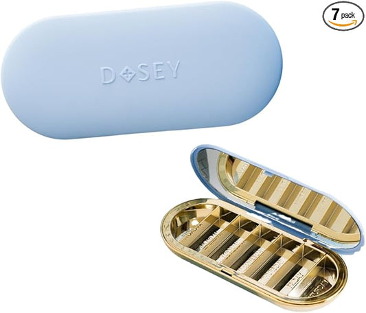 Dosey Compact Travel Pill Organizer - Pill Case with 7 Compartments for Medicine Storage & Protection – Stylish & Elegant Medication Organizer with Mirror, Blue