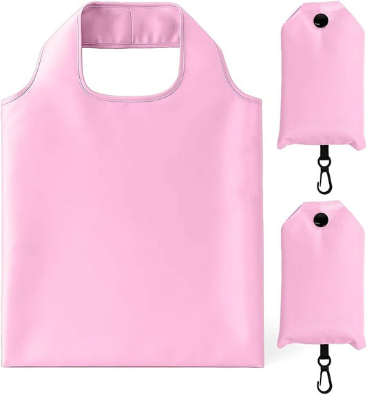 2 Pack Foldable Shopping Bag, Waterproof Reusable Grocery Tote Bag Holder,Nylon(Pink)