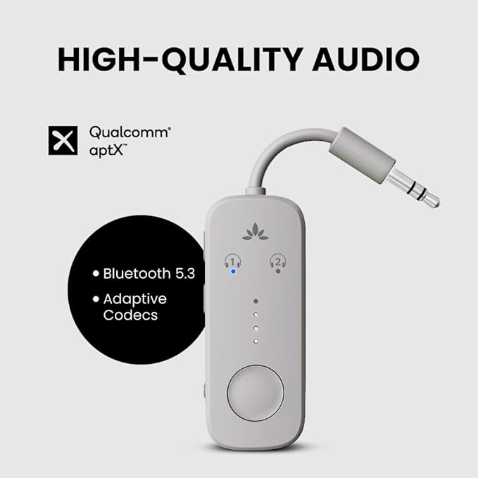 Avantree Relay – Airplane Bluetooth Adapter for AirPods, Bose & Wireless Headphones, Qualcomm Chip, aptX Adaptive & HD Audio Transmitter, 25Hrs Battery, 3.5mm AUX for Flight, Travel & Gym