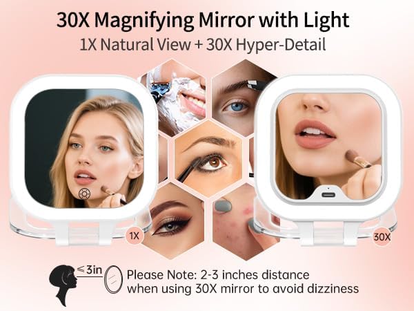 FUNTOUCH Travel Mirror with Light, Compact Mirrors, 1x/30x Magnifying Mirror with 3 Color Lights and Adjustable Brightness, 4.5x3.9 inch Small Compact Hangable Hand Pocket Mirrors,White
