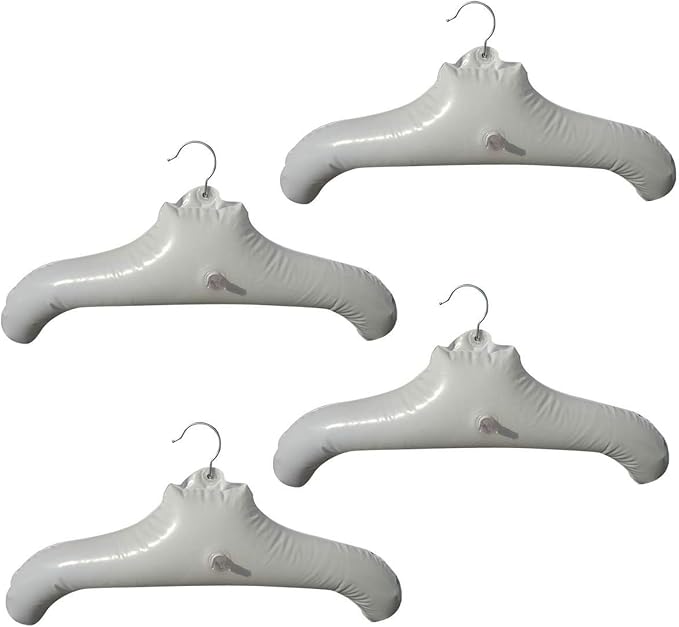 NewFerU Inflatable Hangers for Travel X 4 in White Round Shoulder for Hand Wash Laundry, Air Blow up Clothes Drying Hangars with Metal Hook, Compact, Space Saving, Foldable, Portable, Non Slip