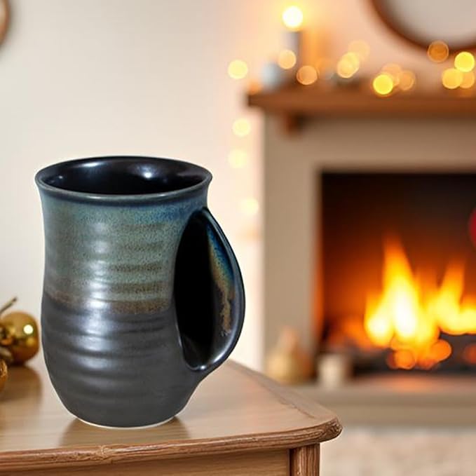 Hand Warmer Mug,16 Ounce Large Hand Warming Mugs Ceramic Gift for Coffee Tea Handmade Pottery Christmas Ceramic with Pocket handl (Right Handed,Brown)