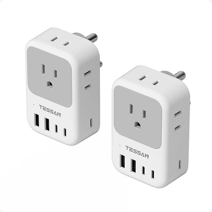 US to India Plug Adapter 2-Pack, TESSAN India Power Adapter with 4 AC Outlets & 5 USB Ports (3 USB-C 28W), Type D Travel Adaptor for USA to India Bangladesh Maldives Nepal Pakistan