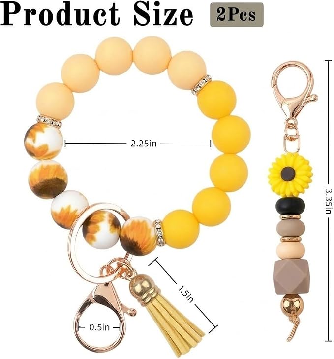 2PCS Bracelet Key Ring Set, Cute Car Key chain Wristlet, Silicone Beaded Bangle keyChains for Women Girls