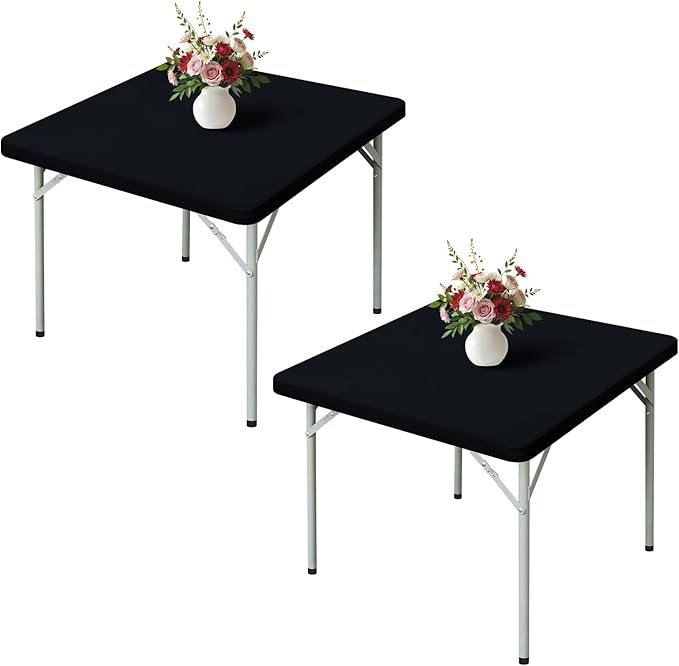 Wolkemer 2 Pack Black Fitted Tablecloth 34x34 Inch Square Elastic Edges Table Cloth, Spandex Stretch Table Cover with Machine Washable Fabric for Wedding Party Picnic Dining Indoor Outdoor