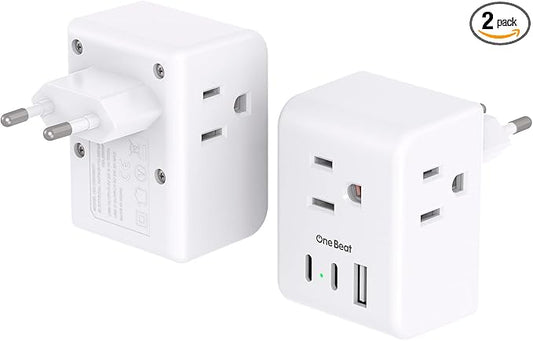 2 Pack European Travel Plug Adapter, One Beat International Power Plug Adapter with 3 Outlets 1 USBA 2 USB C, Type C Plug Adapter Travel Essentials to Most Europe EU Spain Italy France Germany