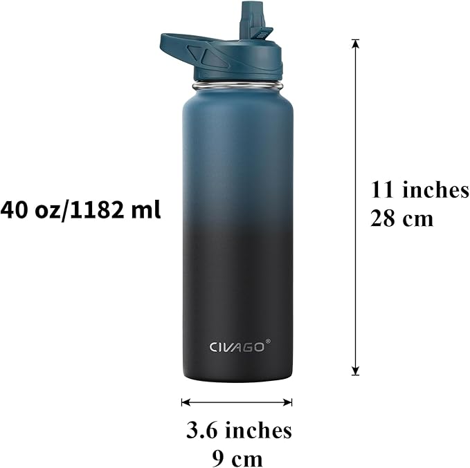 CIVAGO 40 oz Insulated Water Bottle With Straw, Stainless Steel Sports Water Flask Cup with 3 Lids (Straw, Portable Spout and Handle Lid), Double Walled Travel Thermal Canteen Mug, Dark Rainbow