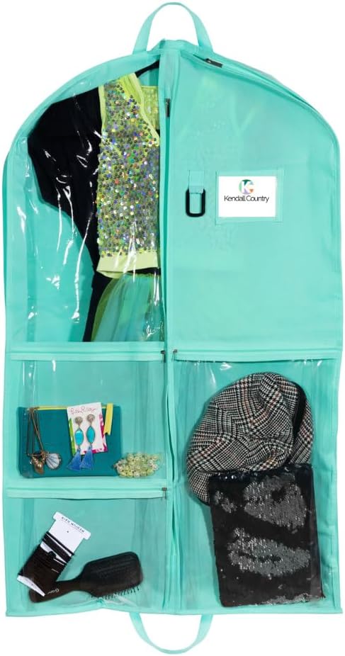 Waterproof Hanging Garment Bag 40 inch Clothes Bag with Gusset, 5 Pockets & Side Zip for Dance Costumes, Sports, Skating, Theatre, Beauty Pageants & More by Kendall Country, Sea Foam Green