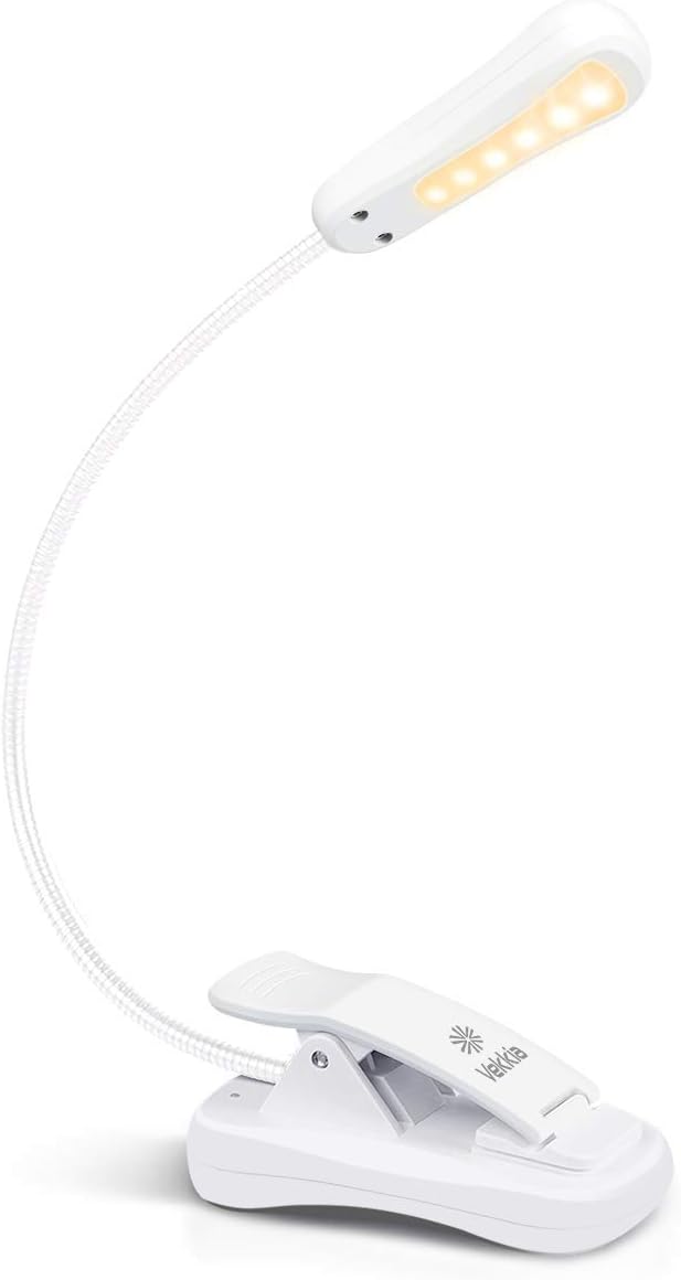 Vekkia 3000K Warm LED Rechargeable Book Light, Easy for Eyes, Clip on Reading Lights for Reading in Bed, Car & Travel, Lightweight Slim 2.1 oz. Perfect for Readers (Elegant White)
