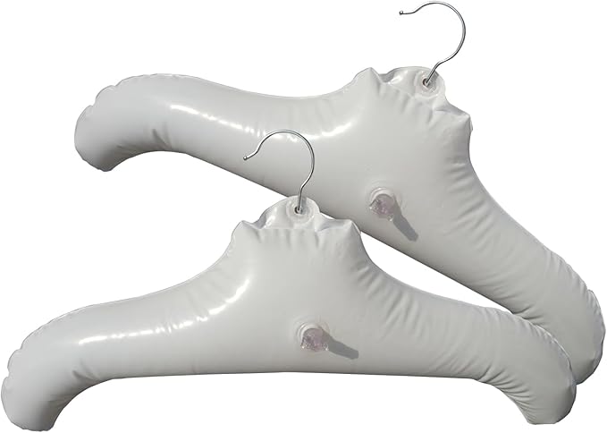 Inflatable Hangers for Travel X 2 in White Round Shoulder, Air Blow up Clothes Drying Hangars with Metal Hook, Compact, Space Saving, Foldable, Portable, Non Slip for Hand Wash Laundry