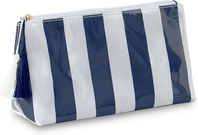 DYSHAYEN Makeup Bags for Purse,Small Clear Coated Cosmetic Bags for Women Girls, Waterproof Travel Organizer Zipper Pouch Beach Vacation Essentials (White-Navy)